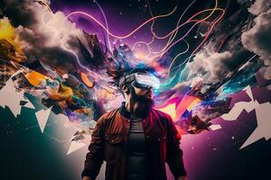 Young man using virtual reality headset. VR glasses, futuristic, technology, online education, education, game concept. . photo