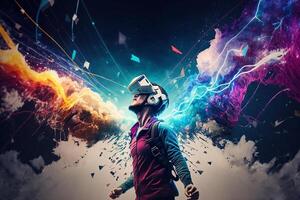 Young man using virtual reality headset. VR glasses, futuristic, technology, online education, education, game concept. . photo