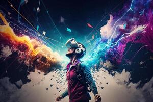 Young man using virtual reality headset. VR glasses, futuristic, technology, online education, education, video game concept. Generative AI. photo