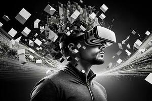 Young man using virtual reality headset. VR glasses, futuristic, technology, online education, education, video game concept. Generative AI. photo