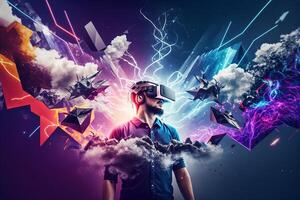 Young man using virtual reality headset. VR glasses, futuristic, technology, online education, education, video game concept. Generative AI. photo