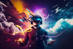 Young man using virtual reality headset. VR glasses, futuristic, technology, online education, education, game concept. . photo