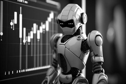 Future business 3d technology robot and stock chart traders, stock chart analysis to beat the market. . photo