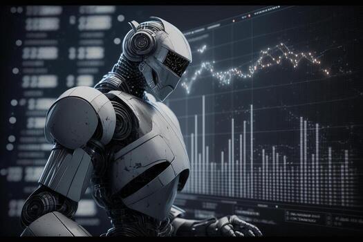 Future business 3d technology robot and stock chart traders, stock chart analysis to beat the market. . photo