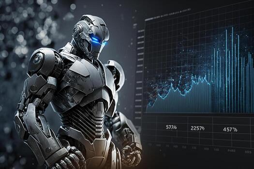 Future business 3d technology robot and stock chart traders, stock chart analysis to beat the market. . photo