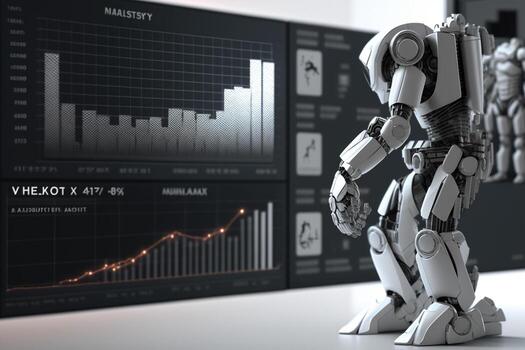 Future business 3d technology robot and stock chart traders, stock chart analysis to beat the market. . photo