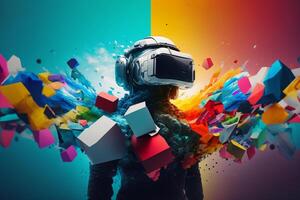 Young man using virtual reality headset. VR glasses, futuristic, technology, online education, education, game concept. . photo