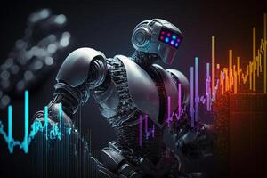 Future business 3d technology robot and stock chart traders, stock chart analysis to beat the market. Generative AI. photo