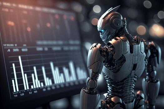 Future business 3d technology robot and stock chart traders, stock chart analysis to beat the market. . photo