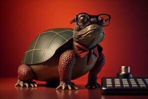 Portrait of a turtle with glasses and a formal red suit,preparing for an advertisement. generative ai. photo
