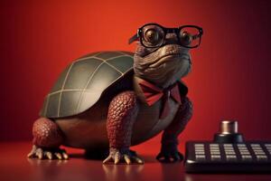 Portrait of a turtle with glasses and a formal red suit,preparing for an advertisement. . photo