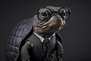 Portrait of a turtle with glasses and a formal suit, black background. . photo