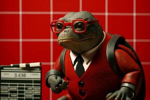 retrato de un Tortuga con lentes y un formal rojo traje,preparando para un anuncio publicitario. generativo ai. foto