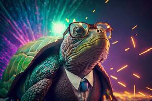 Chic turtle, coat, glasses, funny, fashion, wallpaper, poster. Generative AI. photo