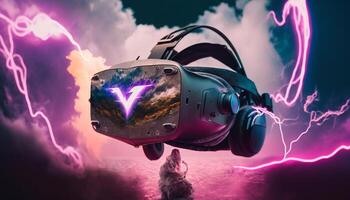 Metaverse, Future game and entertainment digital technology, VR virtual reality glasses, . photo