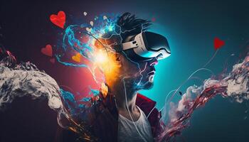 Young man using virtual reality headset. VR glasses, futuristic, technology, online education, education, video game concept. Generative AI. photo