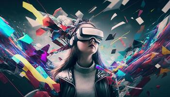 Young woman using virtual reality headset. VR glasses, futuristic, technology, online education, education, video game concept. Generative AI. photo