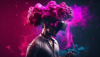 Young man using virtual reality headset. VR glasses, futuristic, technology, online education, education, game concept. . photo