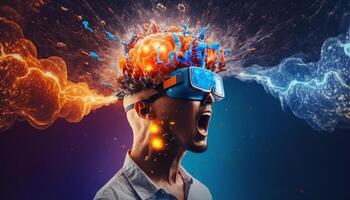 Young man using virtual reality headset. VR glasses, futuristic, technology, online education, education, game concept. . photo