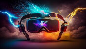 Metaverse, Future game and entertainment digital technology, VR virtual reality glasses, . photo