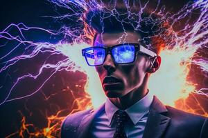 Graphical virtual reality technology concept of a man wearing a suit and VR glasses, . photo