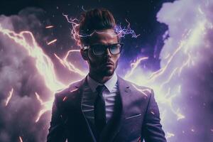 Graphical virtual reality technology concept of a man wearing a suit and VR glasses, Generative AI. photo