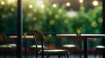 Table corner on wooden terrace, vintage solid wood furniture with mountain and river at resort. Generative Ai. photo