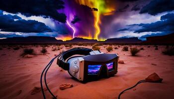 Metaverse, Future game and entertainment digital technology, VR virtual reality glasses, . photo
