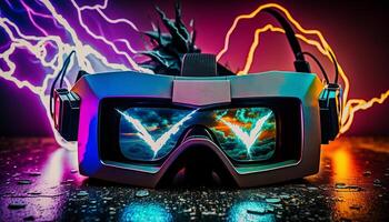 Metaverse, Future game and entertainment digital technology, VR virtual reality glasses, Generative AI. photo