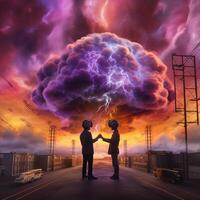 AI Metaverse, explodes with colorful brain clouds wearing. . photo