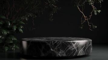 Luxury marble, blocks, cylindrical plinths, concept scenes, stage performances, products, creams, perfumes, with space for text. Modern surreal elements. Generative Ai. photo