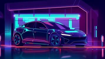 Concept of EV charger station application graphic of electric car charging. Generative AI. photo