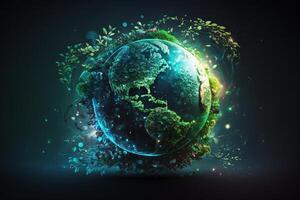concept of saving the earth and energy Planet Earth with leaf texture and Milky Way as background with ecological connections, . photo