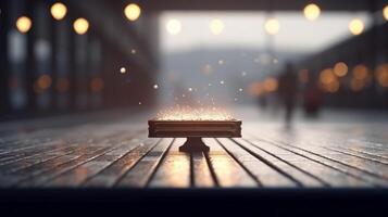 Bokeh background image foreground of an old wooden table, out of focus, ready for editing for product display. generative ai. photo