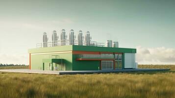 New energy sources, hydrogen power station with green grass field.Generative Ai. photo