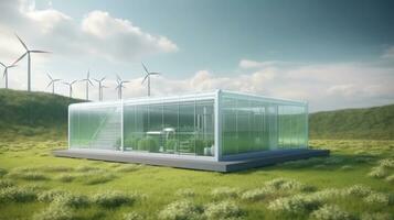 New energy sources, hydrogen power station with green grass field.Generative Ai. photo