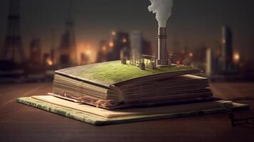 Open book with magical green tree and industry background. Generative AI. photo