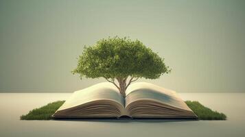 Open book with magical green tree and nature background. Generative AI. photo