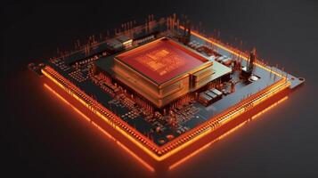 Micro CPU on circuit board with red lighting 3D. Generative Ai. photo