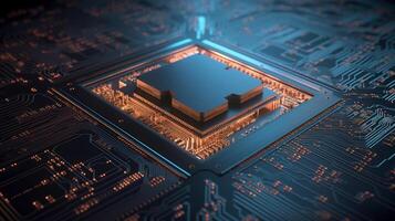 Micro CPU on circuit board with red lighting 3D. . photo