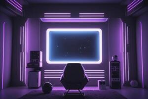 Recording studio with neon lights in projection. . photo