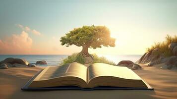 Open book with magical green tree and nature background. Generative AI. photo