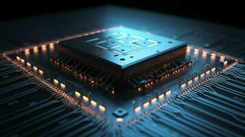 Micro CPU on circuit board with red lighting 3D. Generative Ai. photo