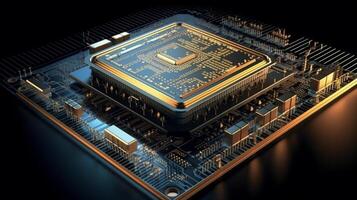 Micro CPU on circuit board with red lighting 3D. . photo