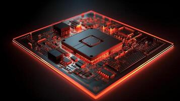 Micro CPU on circuit board with red lighting 3D. Generative Ai. photo