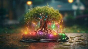 Beautiful illustration of the symbolic magic tree of life.The EV charging station explodes with colorful tree roots. Generative AI. photo