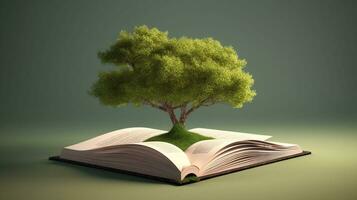 Open book with magical green tree and nature background. Generative AI. photo