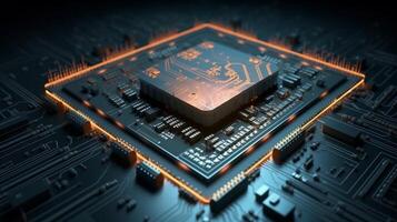 Micro CPU on circuit board with red lighting 3D. . photo