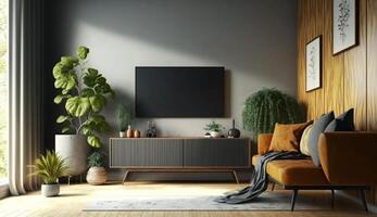 Interior mock up living room. cabinet for TV or place object in modern living room with lamp,table,flower and plant. AI Generative. photo