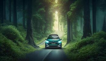 Electric vehicle and EV electric energy for the environment, EV cars on forest roads at ecological ecosystem healthy environment Electric cars and nature. Generative Ai. photo